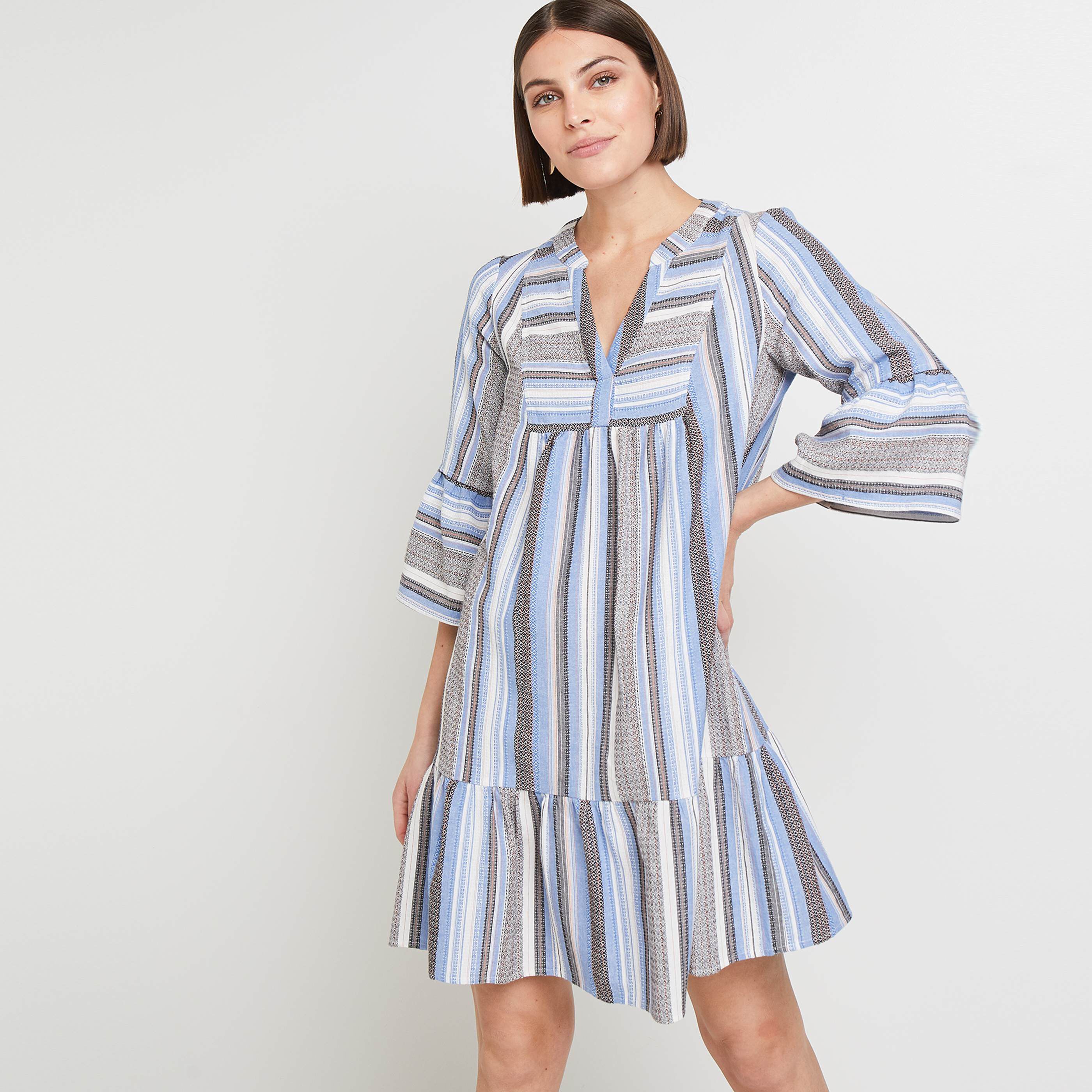 Robe genoux rayée femme - BLEU CLAIR