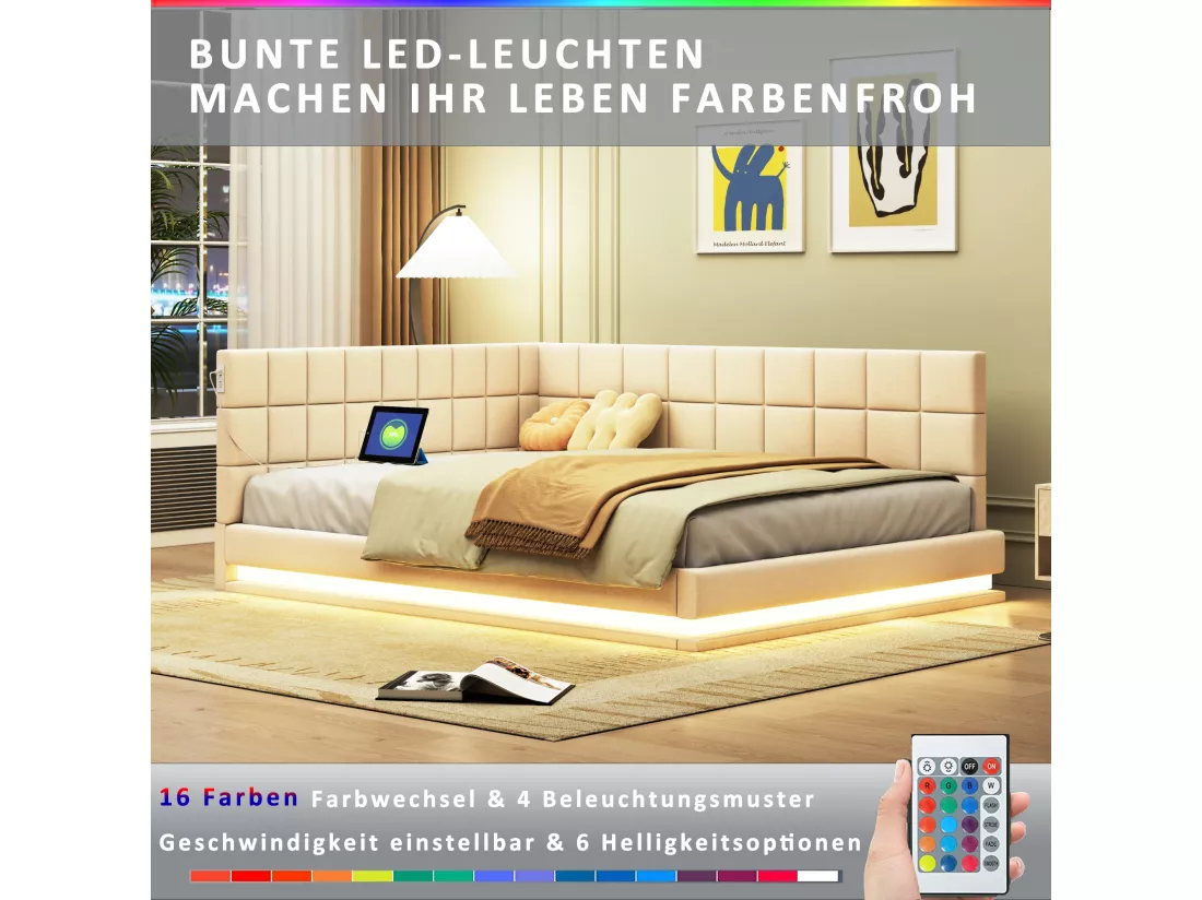Lit banquette rembourré en velours 140x200cm - avec LED et prise USB - Beige