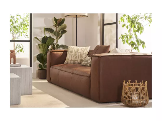 Canapé vintage 3 places cuir marron et bois noir COBAIN