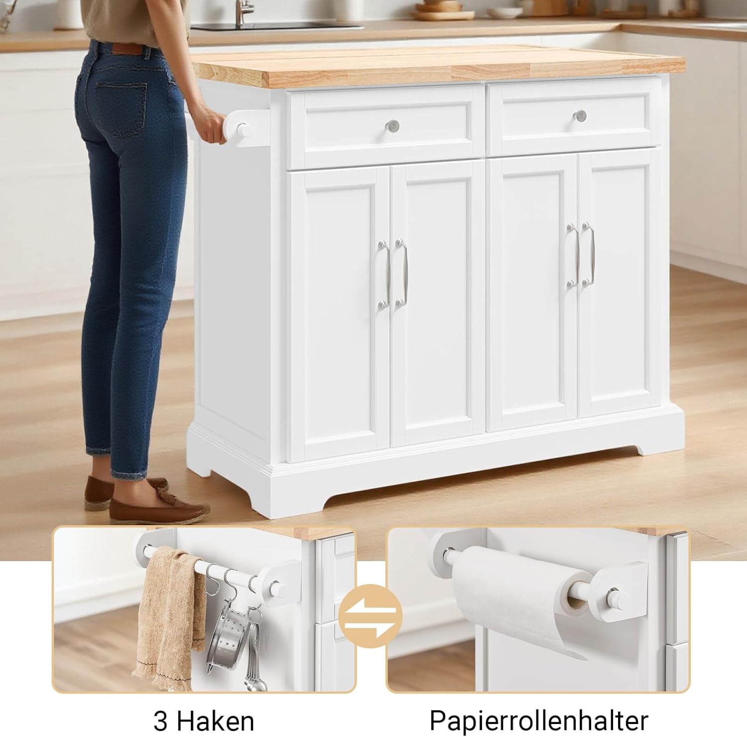 SoBuy Kücheninsel auf Rollen Servierwagen mit Rollen Küchenwagen mit ausziehbarer Arbeitsplatte Rollwagen mit Schubladen Barwagen für Küche, Esszimmer Weiß 115x92x(46-71) cm FKW71-II-WN