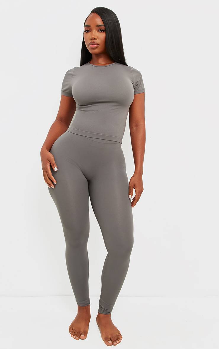 Charbon Top Long Sans Coutures Extensible À Manches Courtes Shape