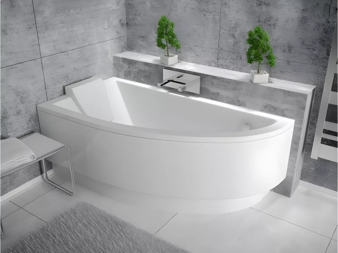 Baignoire asymétrique + tablier blanc + repose tête - PRAKTIKA - 140 x 70 cm - Gauche