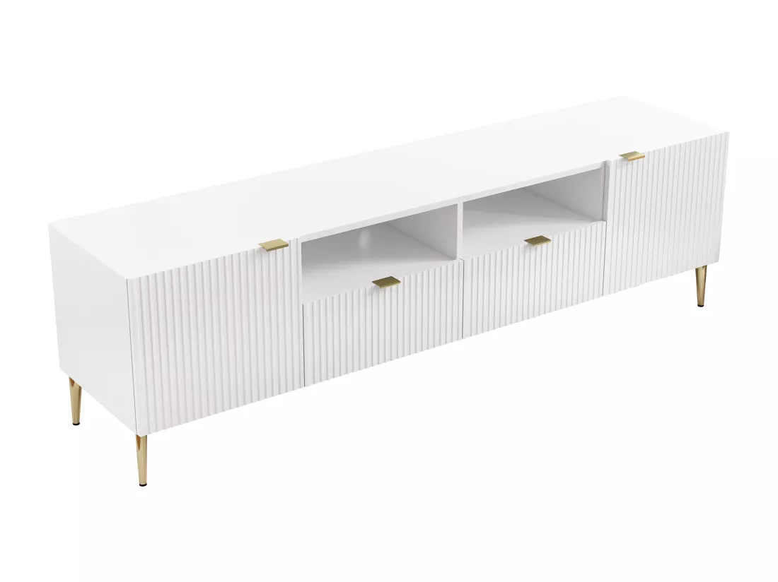 Meuble TV avec 2 portes, 2 tiroirs et 2 niches en MDF et acier - Blanc et doré - YESINIA
