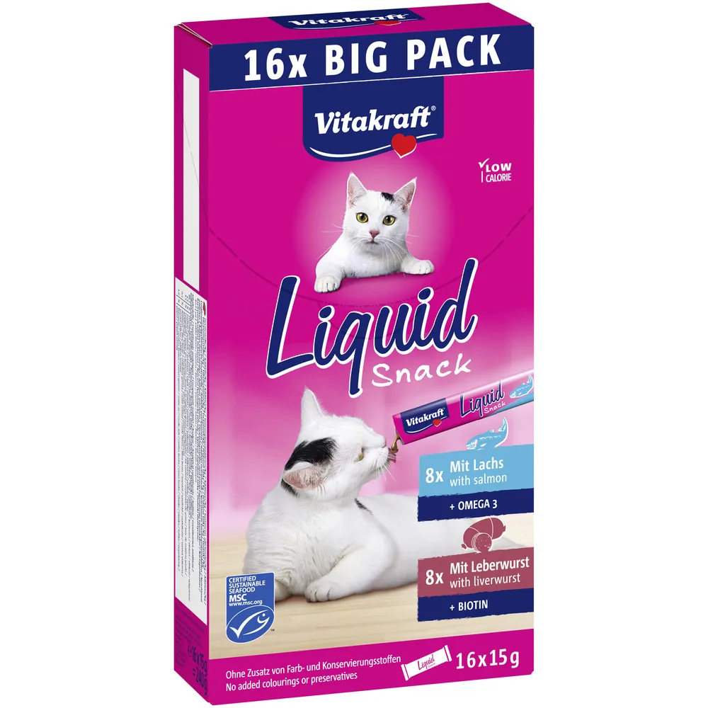 Vitakraft Cat Liquid Snack Multipack, Lever og Laks - 16x15 g.