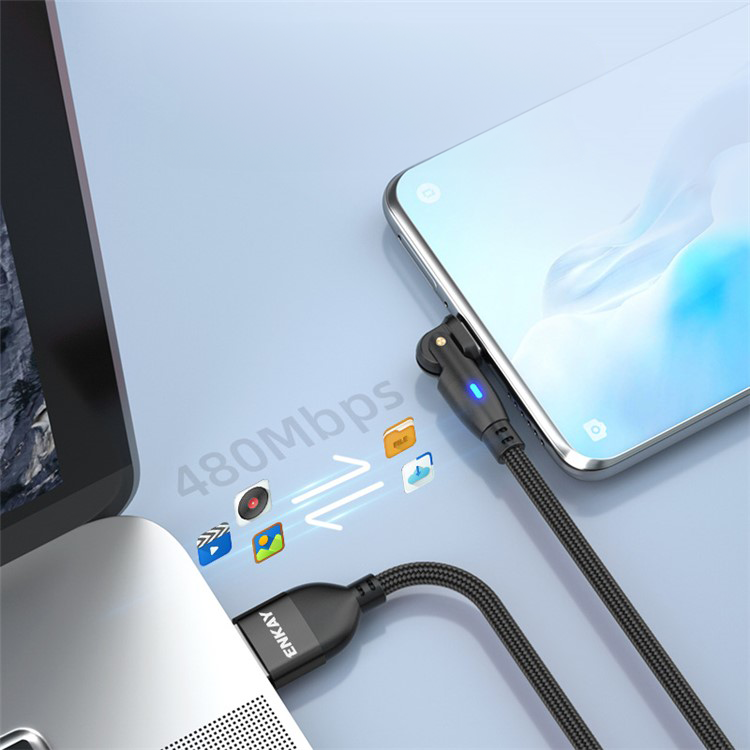 (2m) 3A USB A auf USB C Ladekabel 180° Nylon Datenkabel mit LED - Schwarz