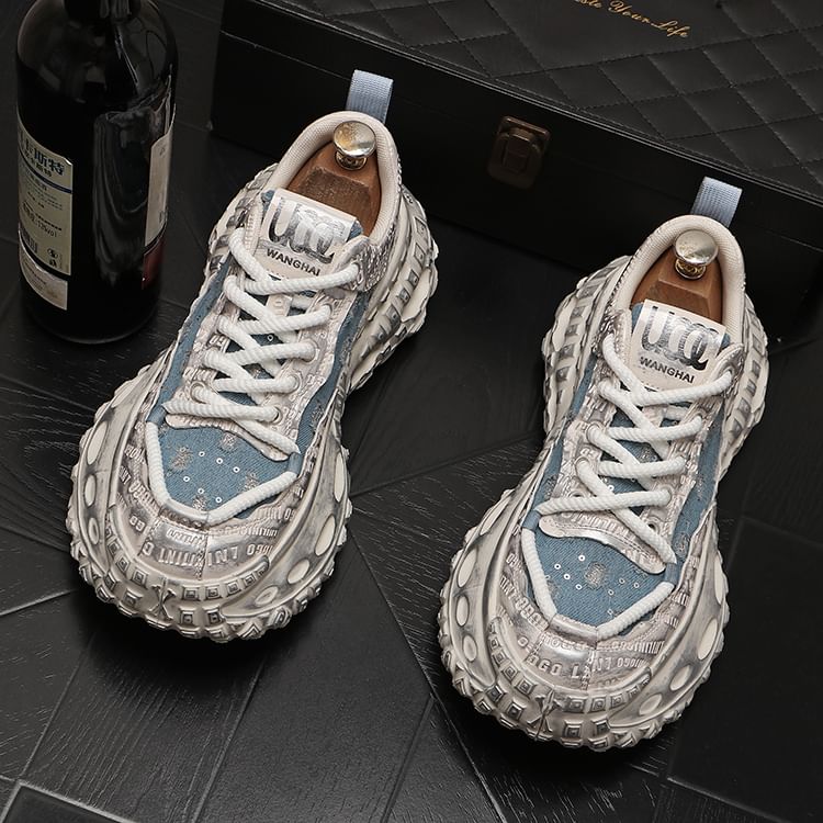 Mr Ozera - Platform Sequin Distressed Lace-Up Sneakers