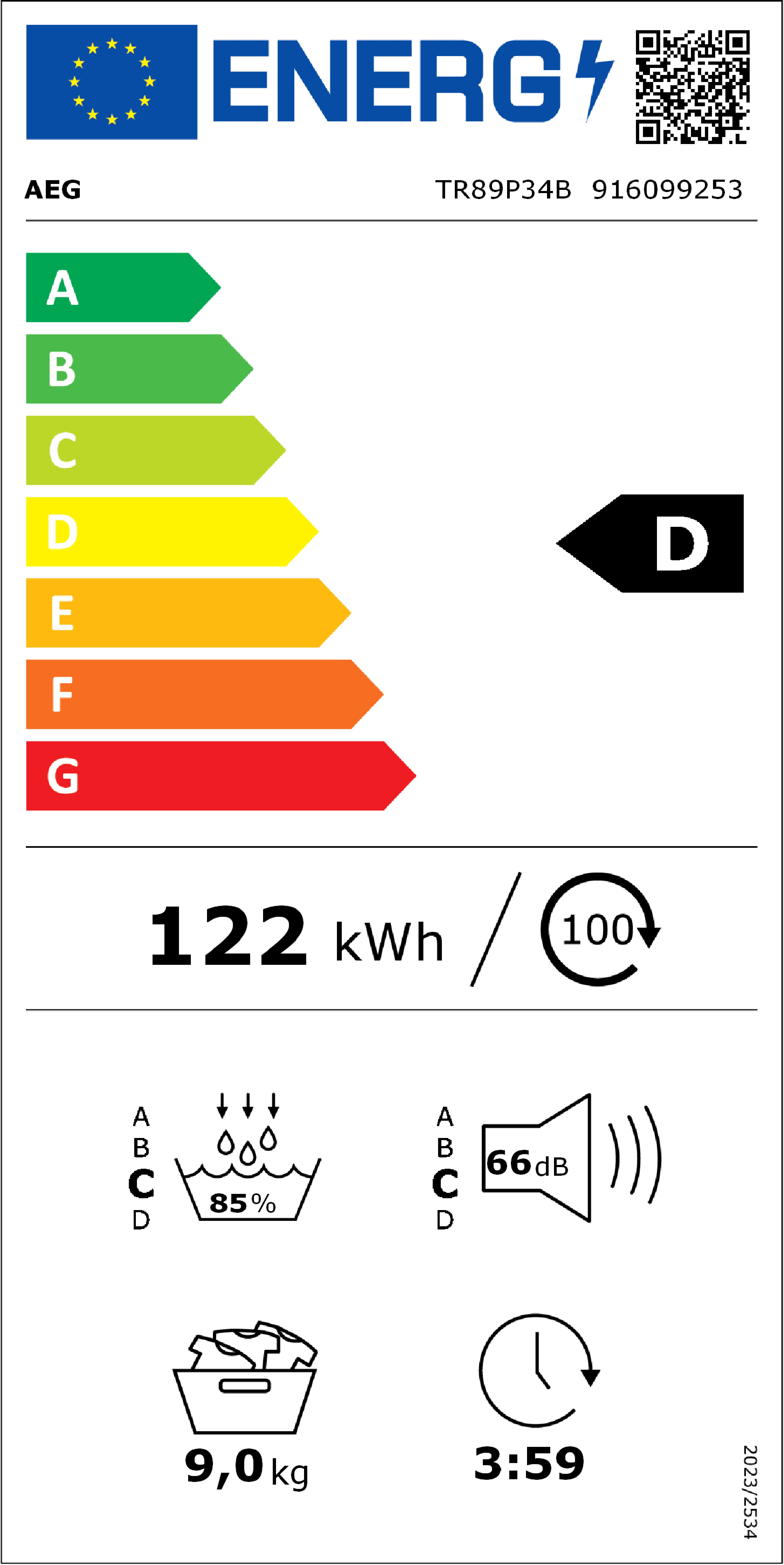 AEG warmtepomp droogkast TR89P34B - 9 kg