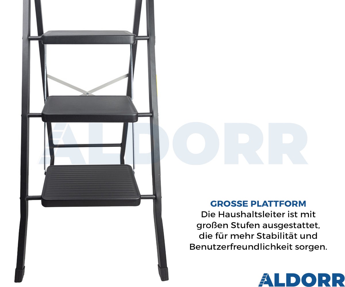 ALDORR Home - Opvouwbare trap 3 treden huishoudladder Opvouwbare trap van hoogwaardig aluminium - Zwart
