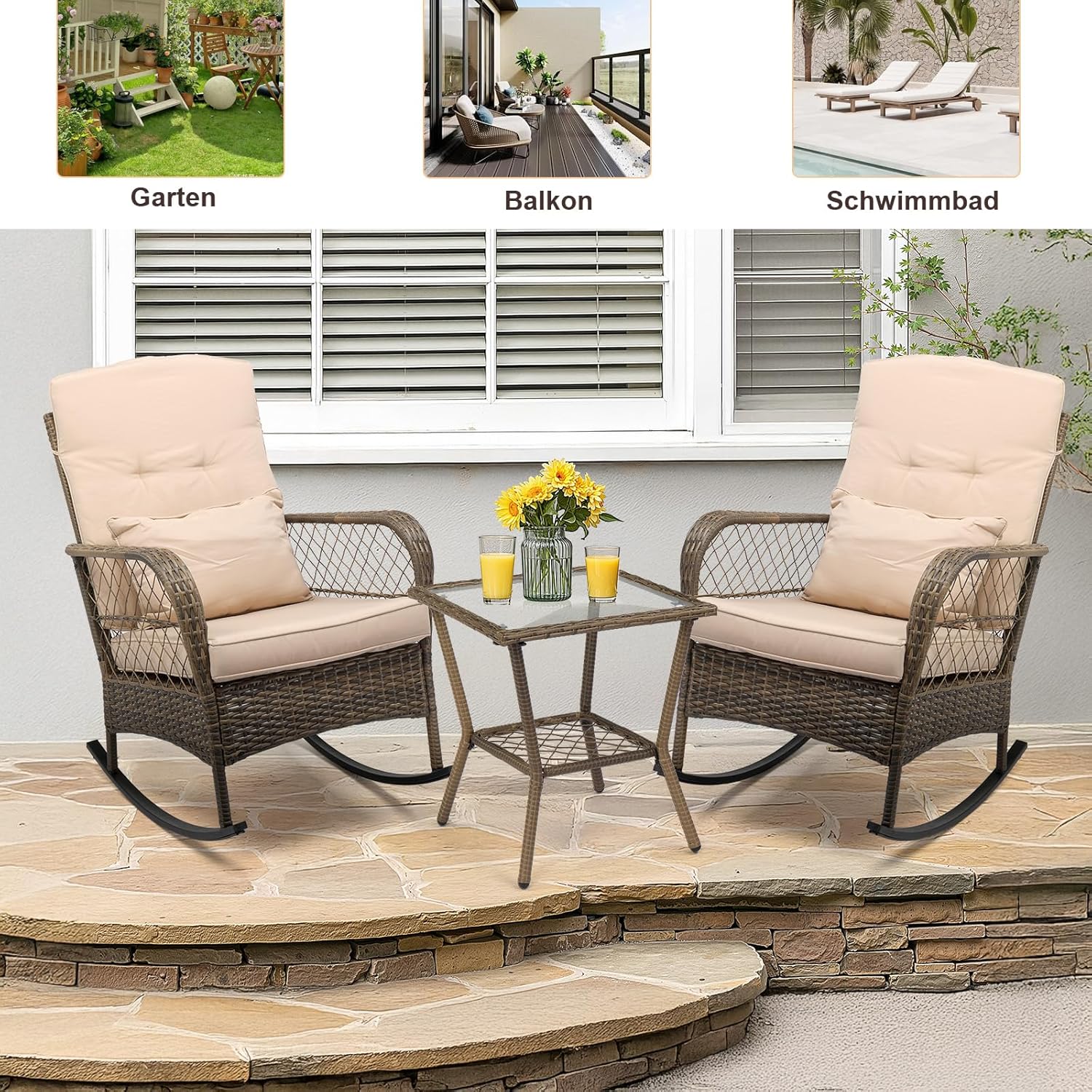 LEADZM Gartenmöbel Set für 2 Personen，Polyrattan Balkonmöbel 3-teiliges Set, Wetterfest, Komfortabel & Lässig, 2 Schaukelstühle & Tisch, für Garten, Balkon, Terrasse,Beige