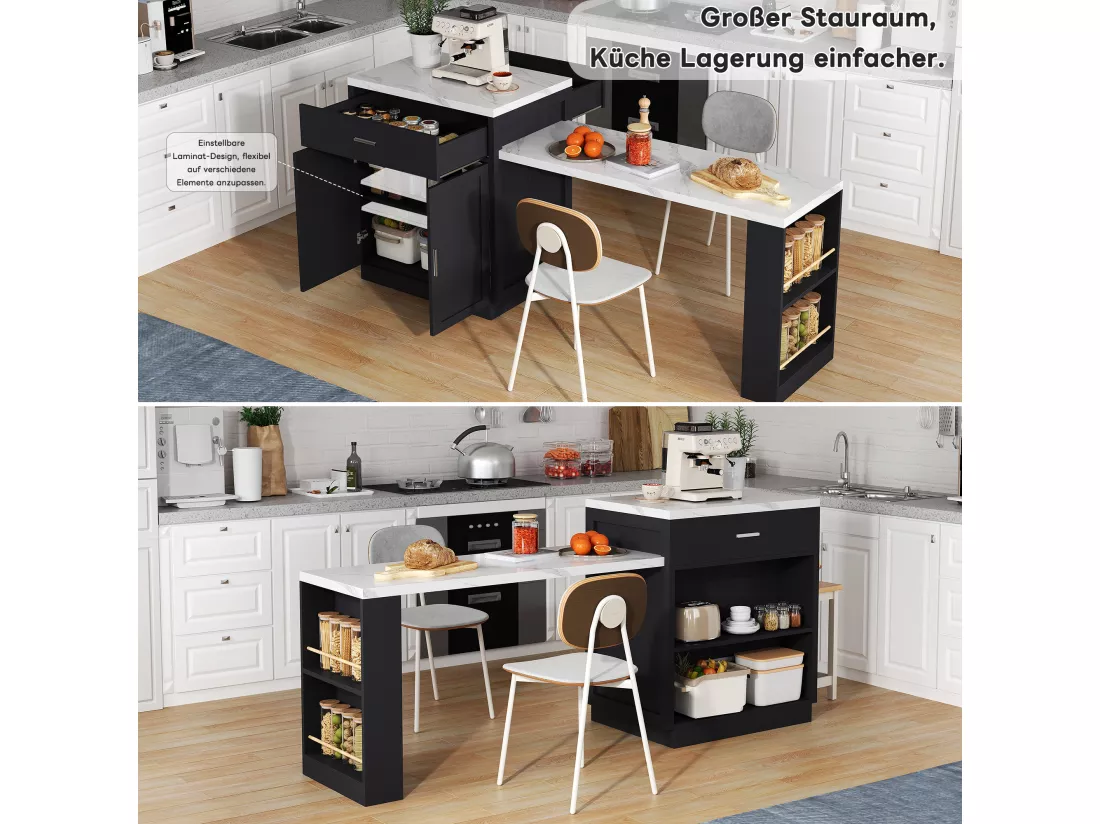 Ilot central de cuisine mobile avec 2 tiroirs, 2 portes et étagères de rangement - 211x55x89.5 cm - MDF - Noir + blanc