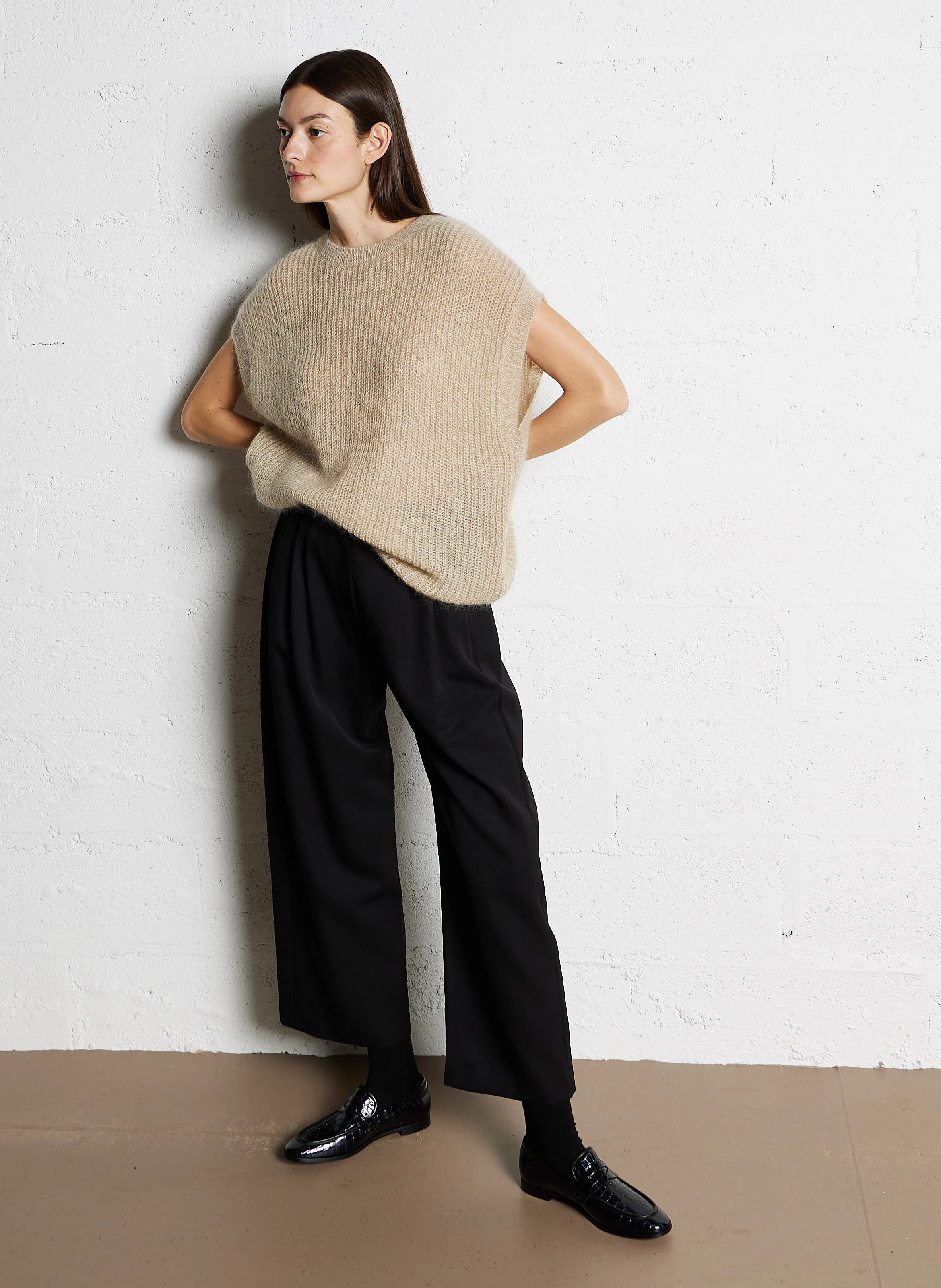 CEDAR - Pantalon large taille haute en laine | Noir