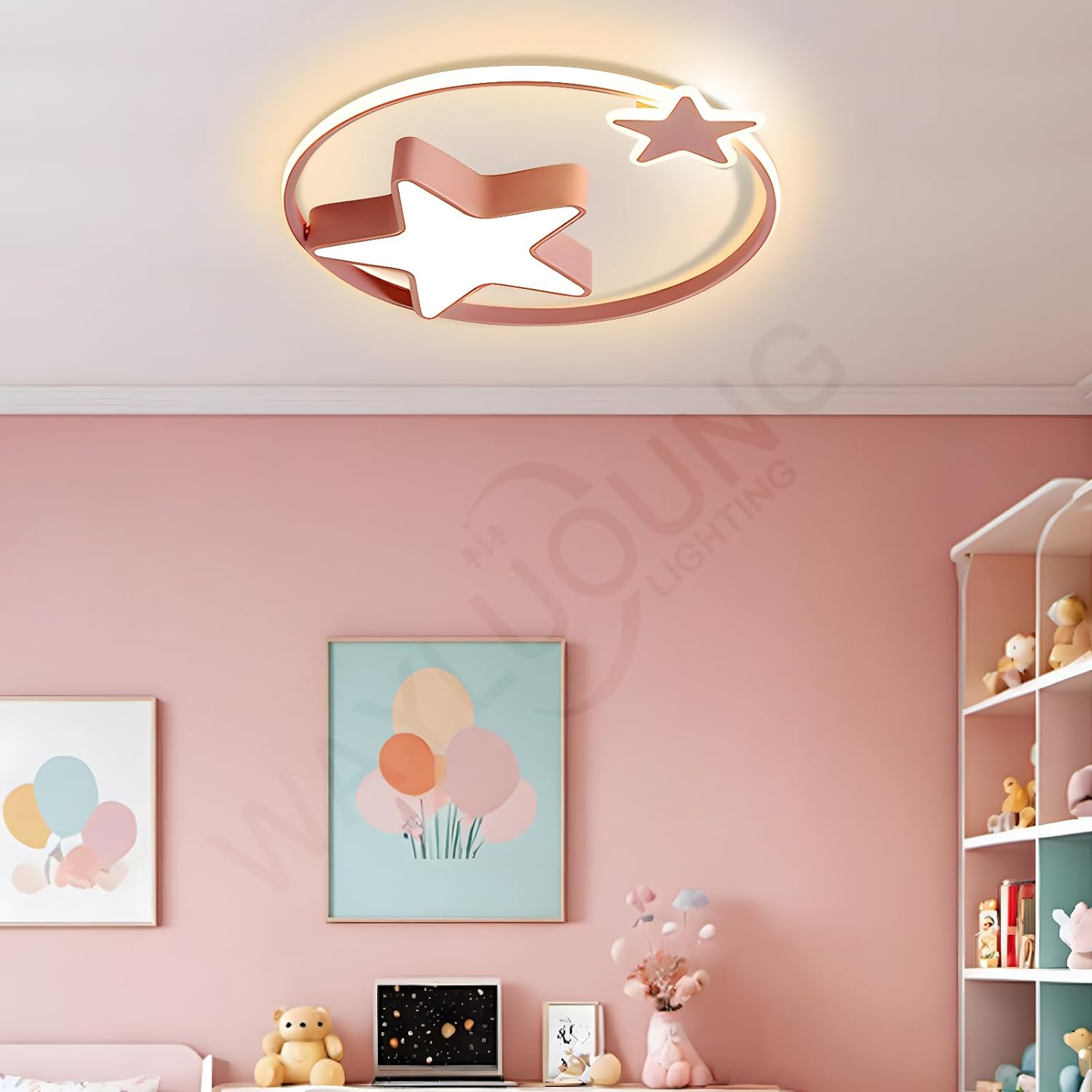 Rosa LED Deckenleuchte | Moderne Runde Kinderlampe | Sterne Sternenhimmel Kinderlicht | Ø55cm 48W | Dimmbar Mit Fernbedienung 2700K-6500K | Kinderzimmer Jungen Mädchen Deckenleuchte Schlafzimmer