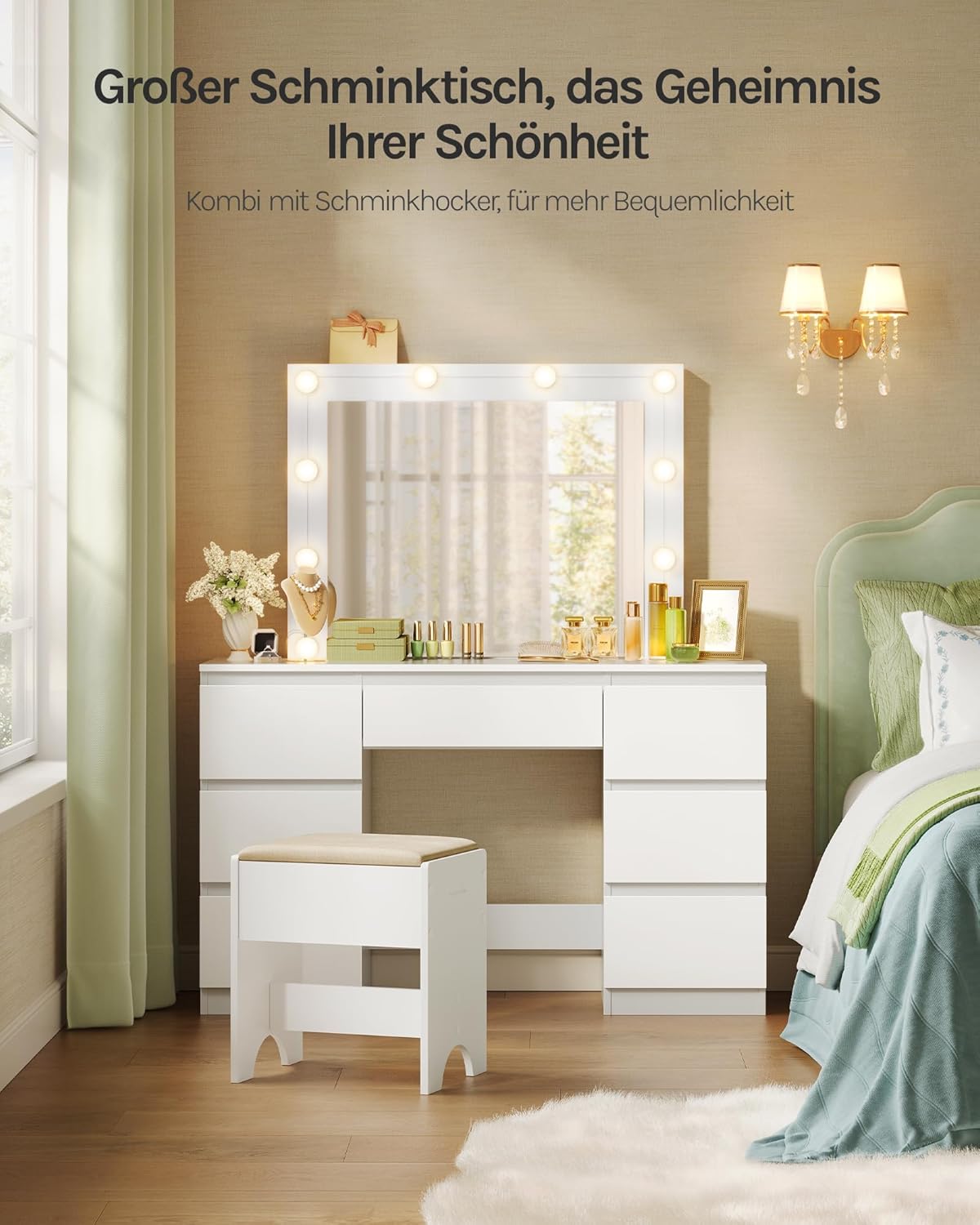 WOLTU Schminktisch mit LED-Beleuchtung, einstellbare Helligkeit, Kosmetiktisch mit großem Spiegel, Frisiertisch mit 7 Schubladen, 107x140,5x39,5 cm, für Schlafzimmer, Weiß