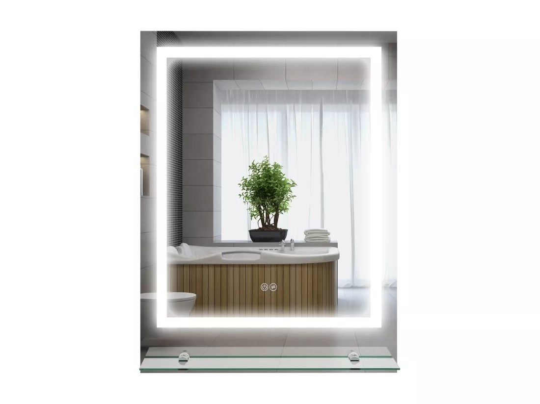 Miroir lumineux LED 29W antibué réglable interrupteur tactile étagère intégrée 50L x 14P x 70H cm
