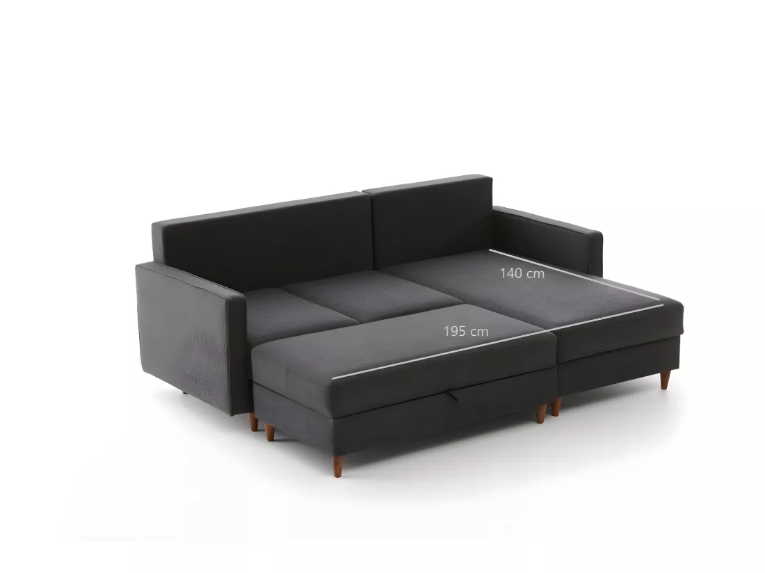 Canapé d'angle à gauche convertible avec pouf-coffre Evania Tissu Gris anthracite