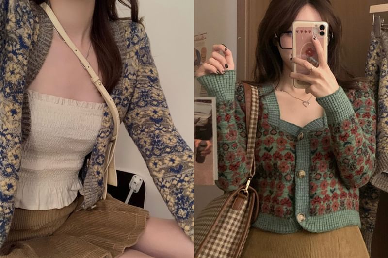 WIKPROM - Retro bloemengebreide trui met vest