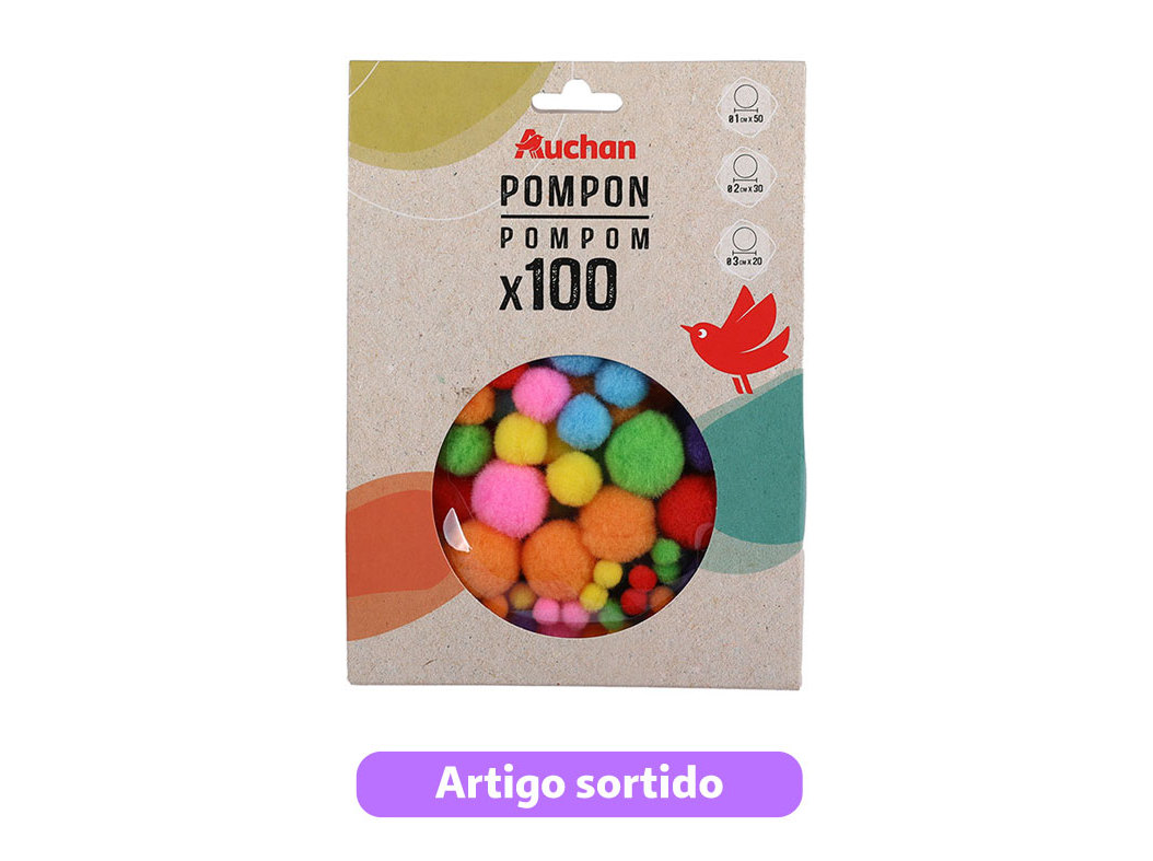 POMPONS AUCHAN CLÁSSICO 100 UNIDADES CORES SORTIDAS