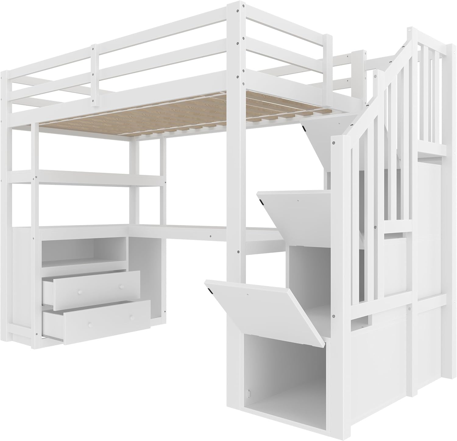 Hochbett mit Schreibtisch und Treppe, Etagenbett Kinderbett mit Stauraumschubladen und Regale, 90x200cm Stockbett Funktionsbett Kinderhochbett Jugendhochbett, inklusive Lattenrost, ohne Matratze,Weiß