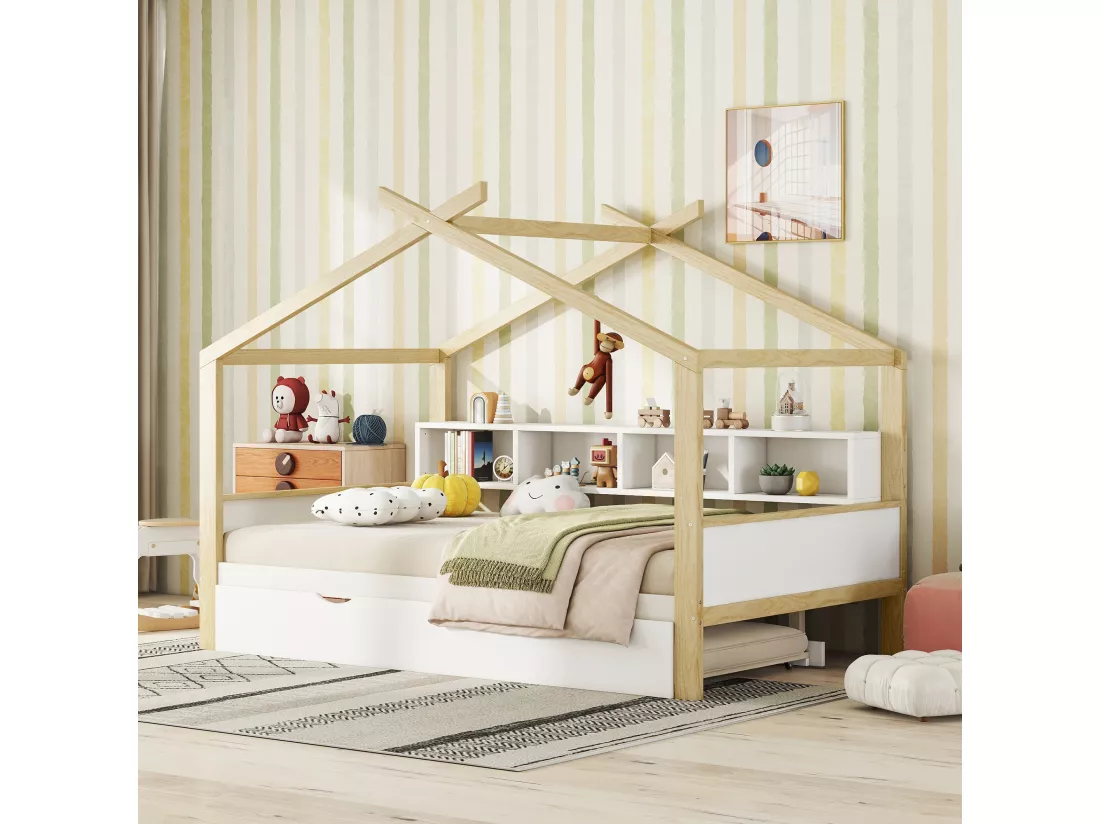 Blanc 140 * 200cm lit familial, lit d'enfant, avec lit gigogne, quatre treillis de rangement