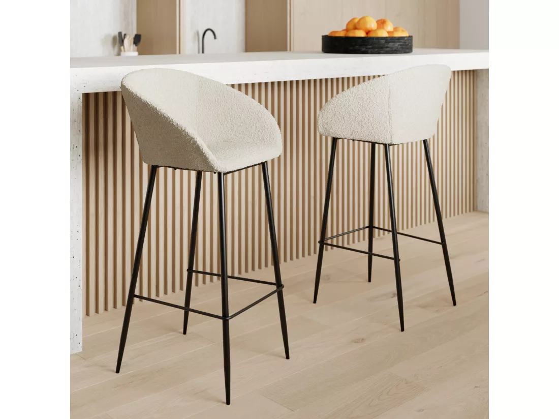 Lot de 2 chaises de bar effet laine bouclette blanche 75 cm - Marquise