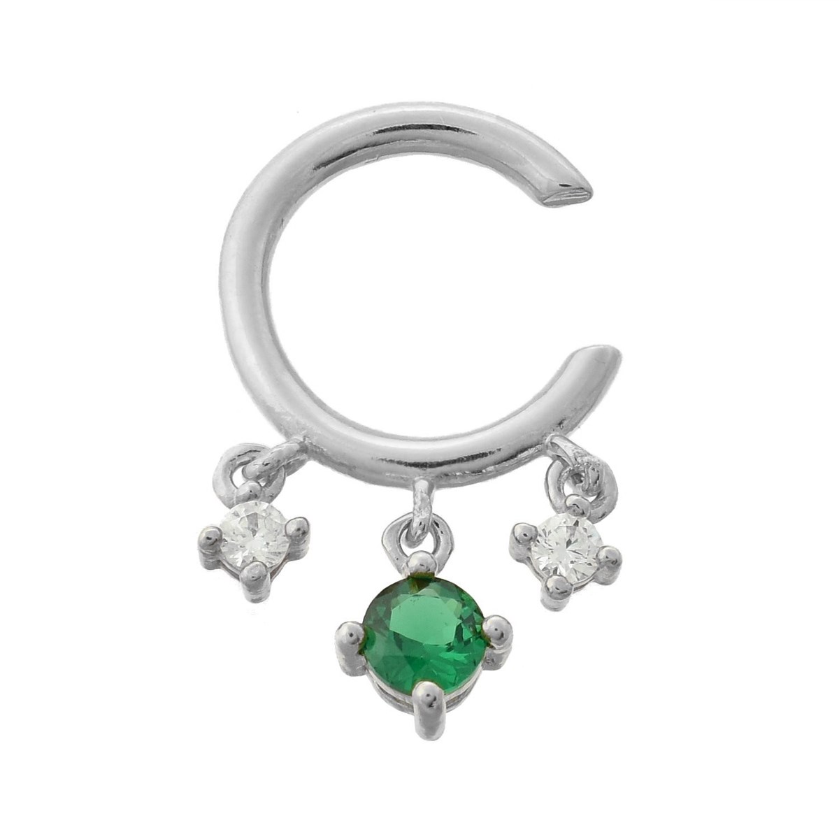 Clip d'oreille earcuff 3 oxydes de zirconium pendants central vert Argent 925 Rhodié