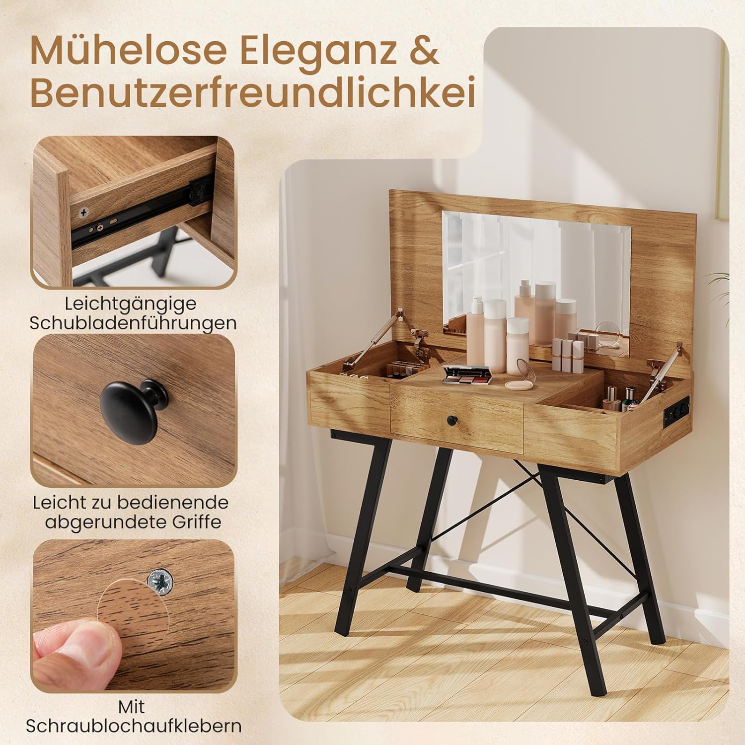 COSTWAY Schminktisch mit großem Spiegel, Ladestation, 6 Aufbewahrungsfächern, Klappdeckel und Schublade, Kosmetiktisch rustikal, Schreibtisch für Schlafzimmer, Ankleidezimmer (Natur)