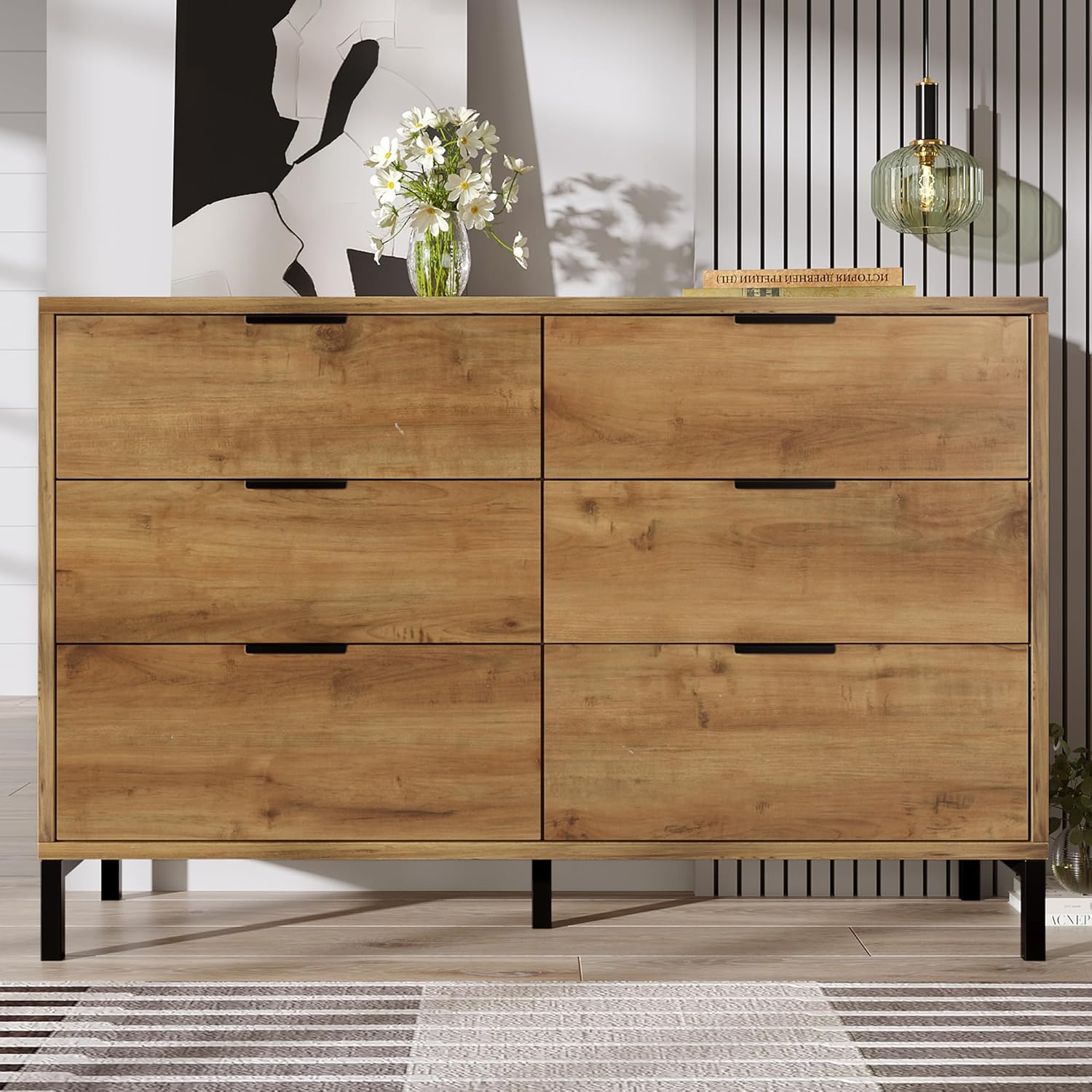 Merax Kommode mit 6 Schubladen 120 cm, Sideboard Schubladenschrank mit Viel Stauraum, Aufbewahrungsschrank in Dunkle Eiche, Verstellbares Metallbeinen, für Schlafzimmer, Wohnzimmer, 120 x 40 x 76 cm
