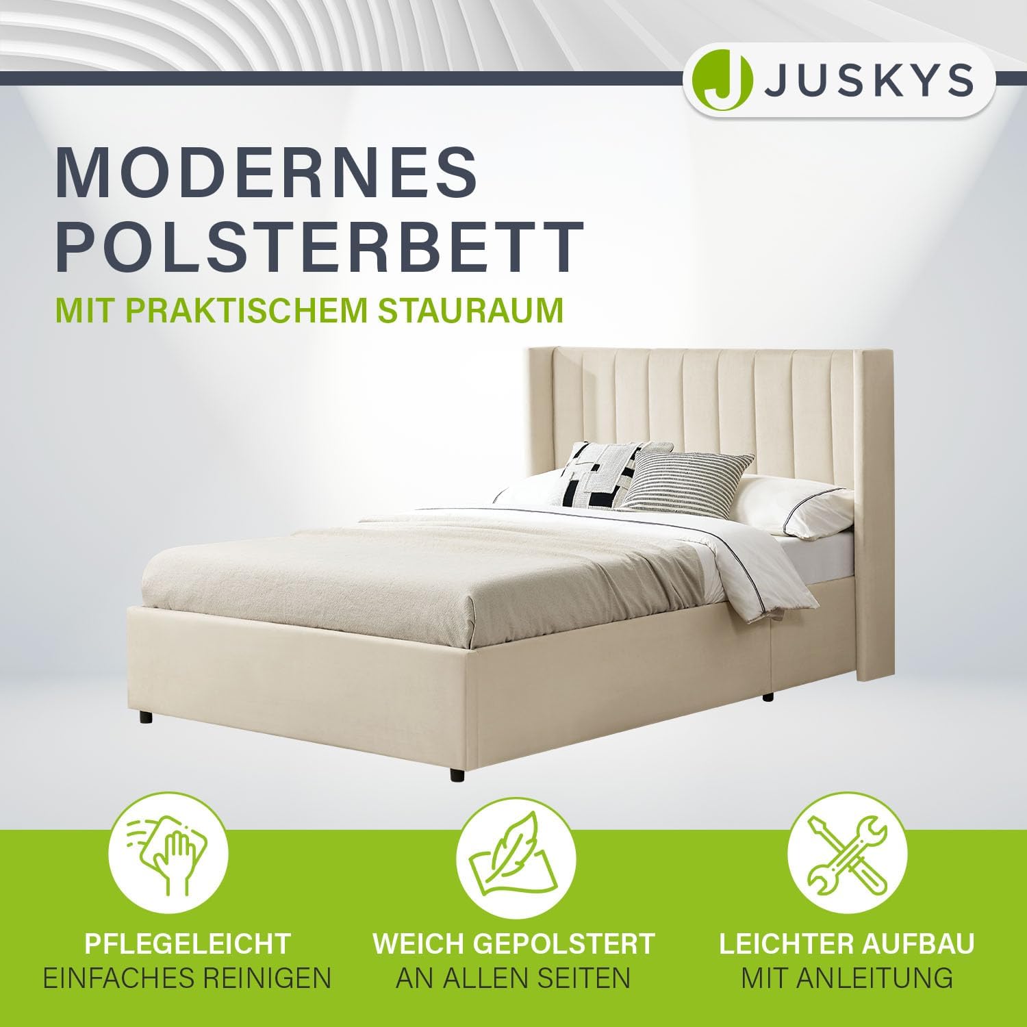 Juskys Polsterbett Savona 120x200 cm, Bett mit Stauraum, Lattenrost, Samt-Bezug, Bettgestell aus Holz, bis 250 kg, großes Kopfteil, Beige