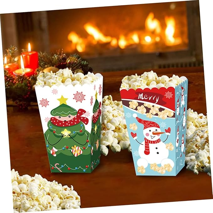 (12er Set) 12x7cm Mini Weihnachts Popcorn Box Christmas Party Süssigkeiten Tüte Candy Bag - Schneemann / Rentier