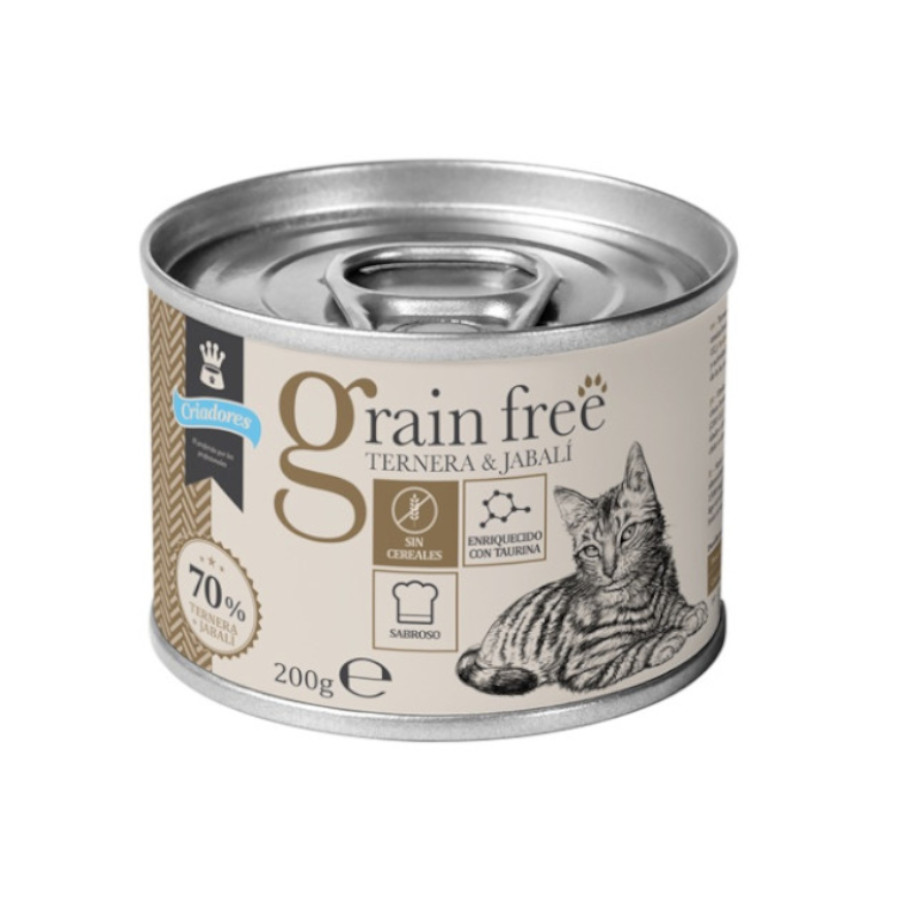 Ração para gatos adultos sem grãos, sabor carne bovina e javali, em lata.