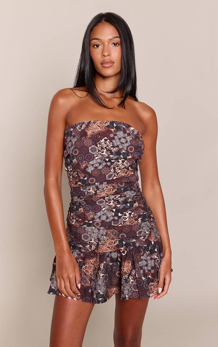 Marron Robe Mini Bandeau Imprimé Cachemire À Ourlet Froncé Tall