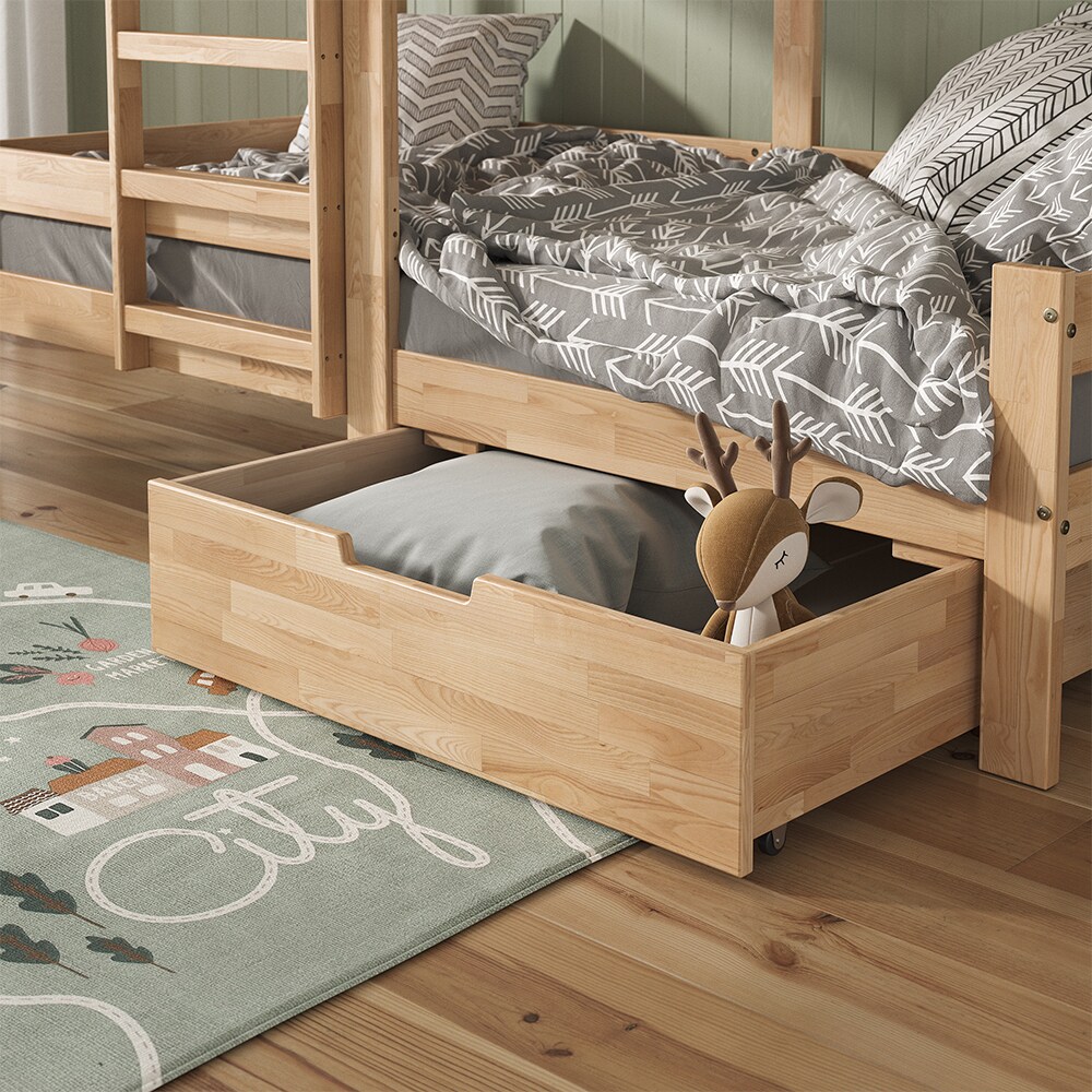 VitaliSpa Bettschublade Schubladenbett Aufbewahrung Teddy Tom Natur 92x21 cm Kinderzimmer Bett Zubehör Spielzeug Ablage Buche Massivholz rollbar Spielturmbett