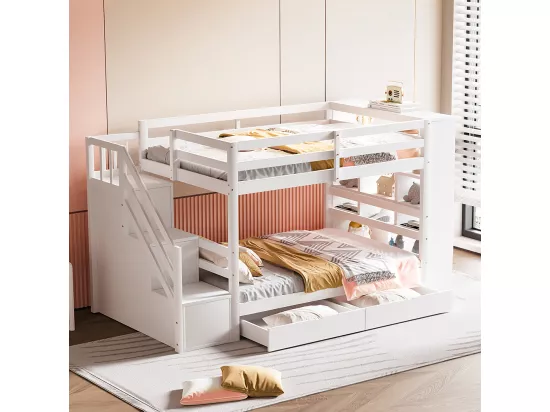 Lit superposé 90 x 200 cm avec escalier de sécurité et rangement tiroirs grands casiers clôture haute sommier à lattes en Pin Blanc