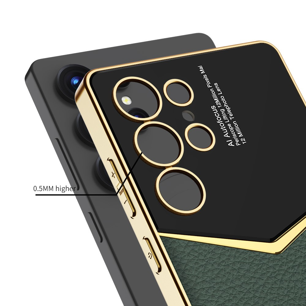 Samsung Galaxy S25 Ultra Leder Hardcase Hülle mit Galvanisiertem Rahmen   Kameraschutz - Lila / Gold