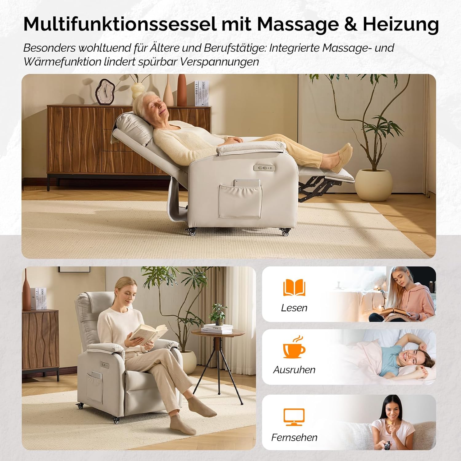 Bonnlo Relaxsessel, Fernsehsessel, Elektrisch Massagesessel mit Liegefunktion, TV Sessel, 2-Punkt-Massage & Wärmefunktion, USB-C & USB-A Anschlüsse, 1 Seitentasche, Kratzfestes Leder, Beige