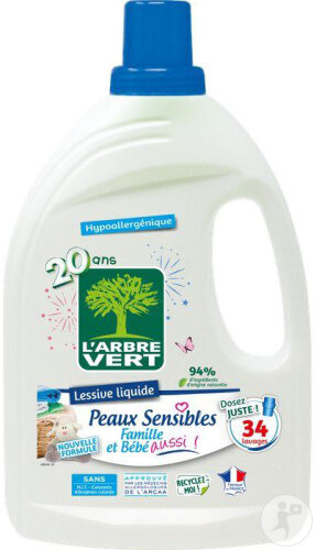 L'Arbre Vert Lessive Liquide Hypoallergénique Peaux Sensibles 34 Lavages 1,53l