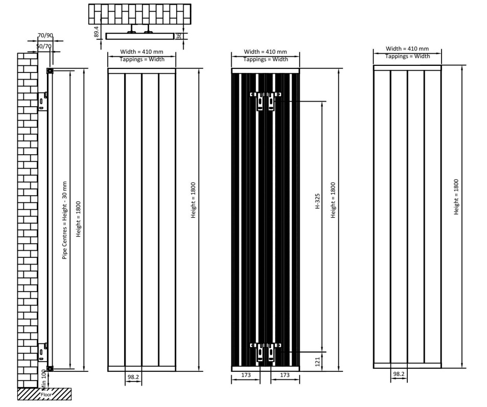 Eastbrook Kingswood paneelradiator 40x180cm 987W antraciet mat