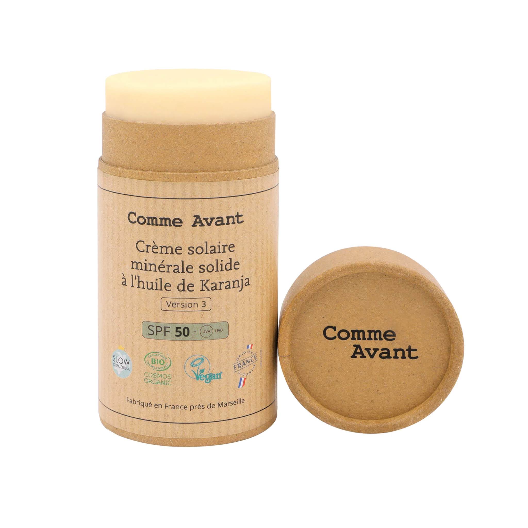 Crème solaire SPF50 minérale solide à l'huile de karanja - Version 3 - 1 crème solaire - 80g / Brut sans parfum