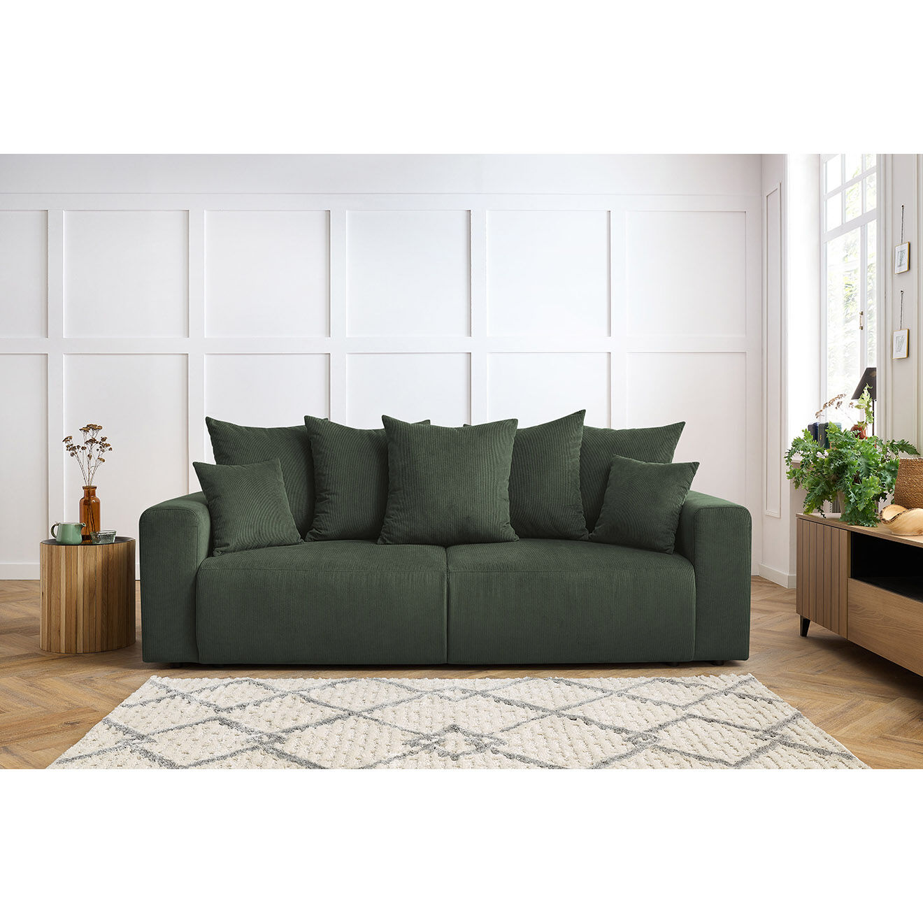 Bobochic Canapé droit fixe 3 places envy velours côtelé vert - 240x100x95 cm