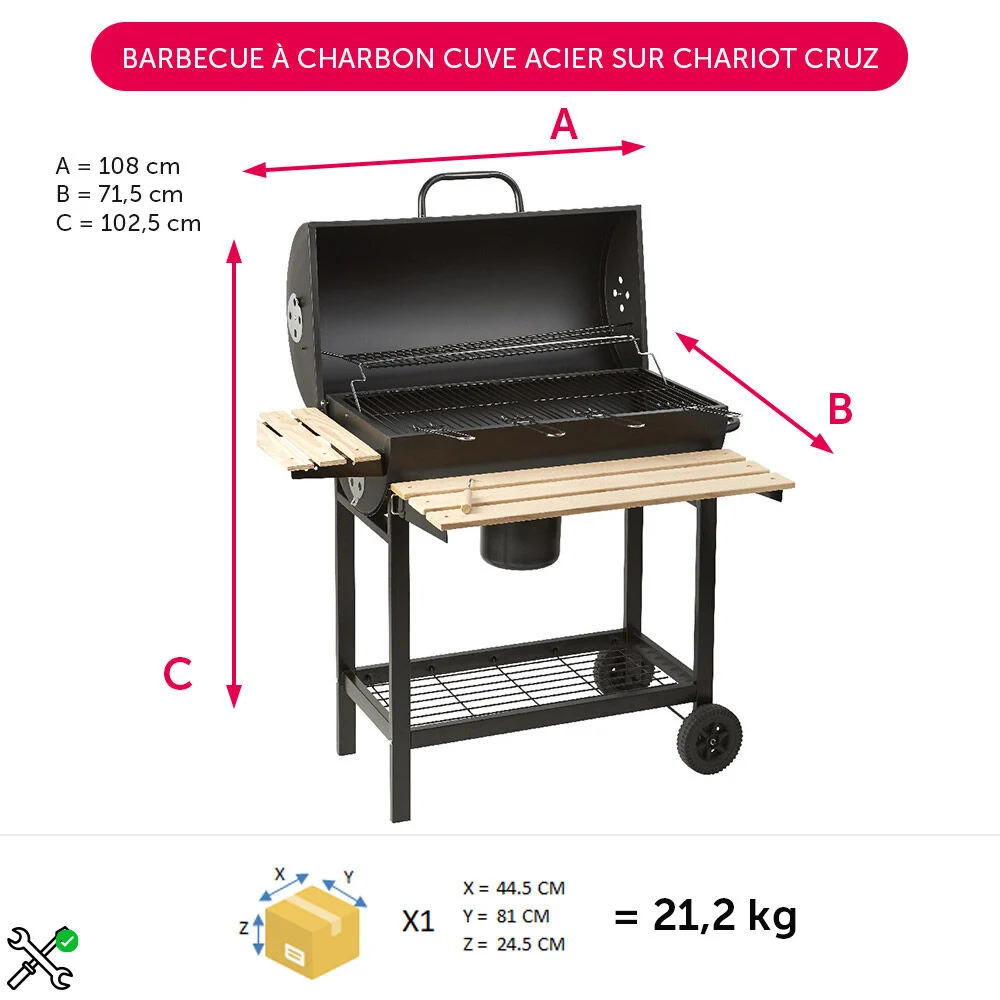 Barbecue à charbon cuve acier sur chariot Cruz