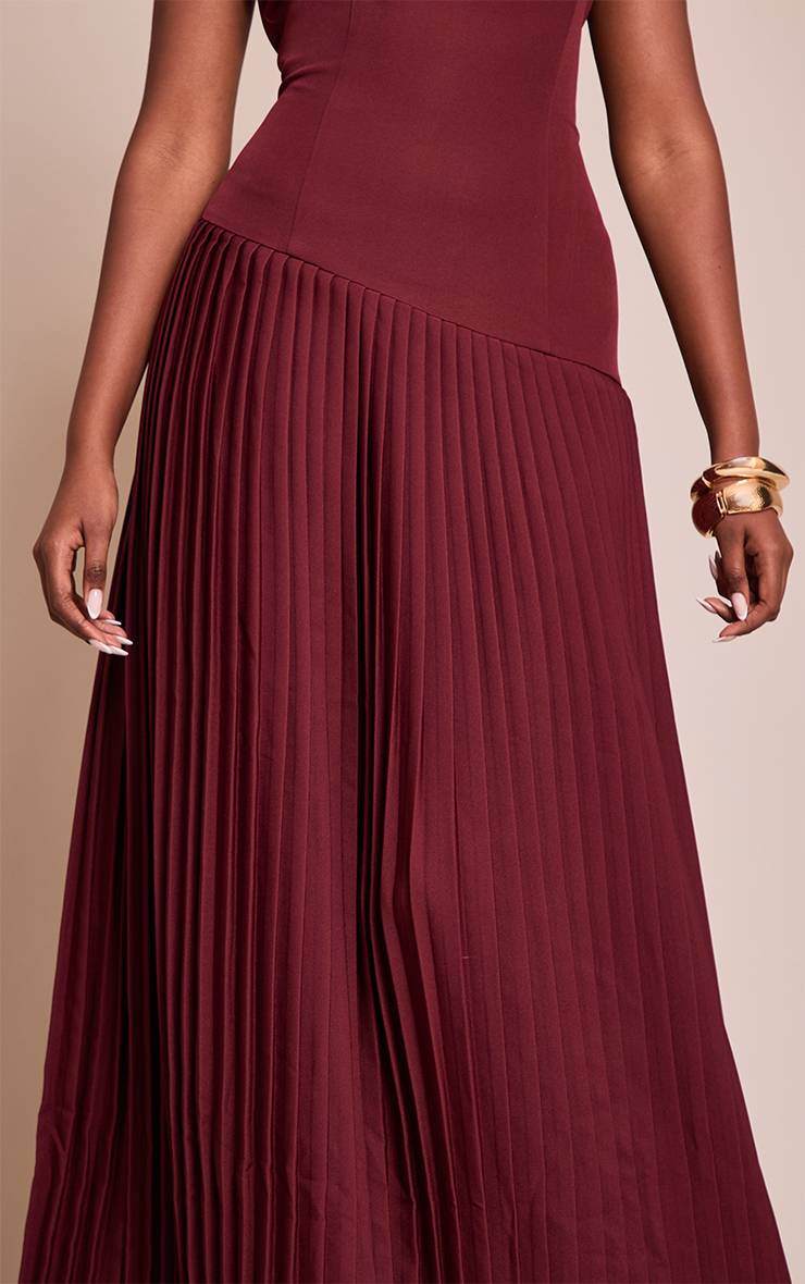 Rouge Vin Robe Maxi Plissée Asymétrique En Tissu Tissé