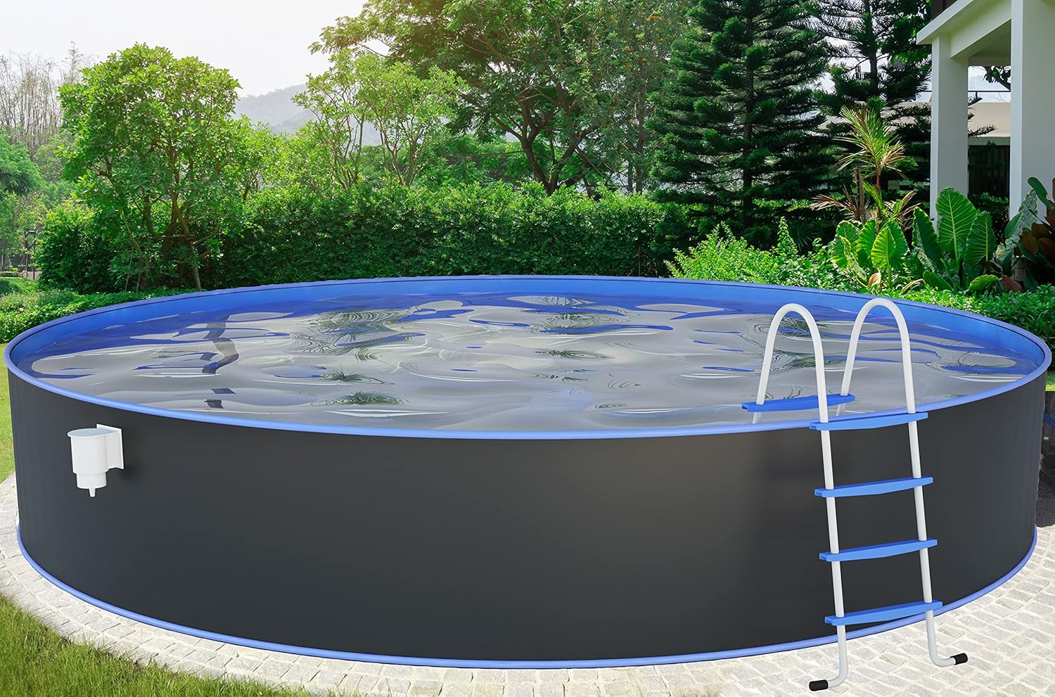 STEINBACH Stahlwandpool Set Nuovo – 011101G – Ø 350 x 120 cm – Runder Pool in Grau für bis zu 10.400 l Wasserinhalt – Mit winterfester Blauer Innenfolie und zahlreichem Zubehör