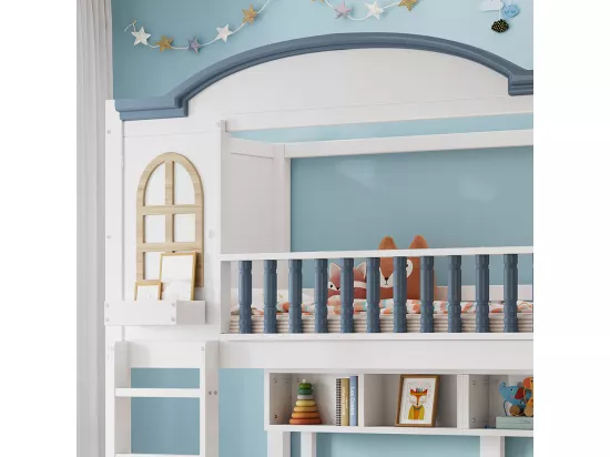 Lit superposé pour enfants 90x200cm, avec protection contre les chutes et rails, avec toit et fenêtres, clôture en bois massif, blanc + bleu