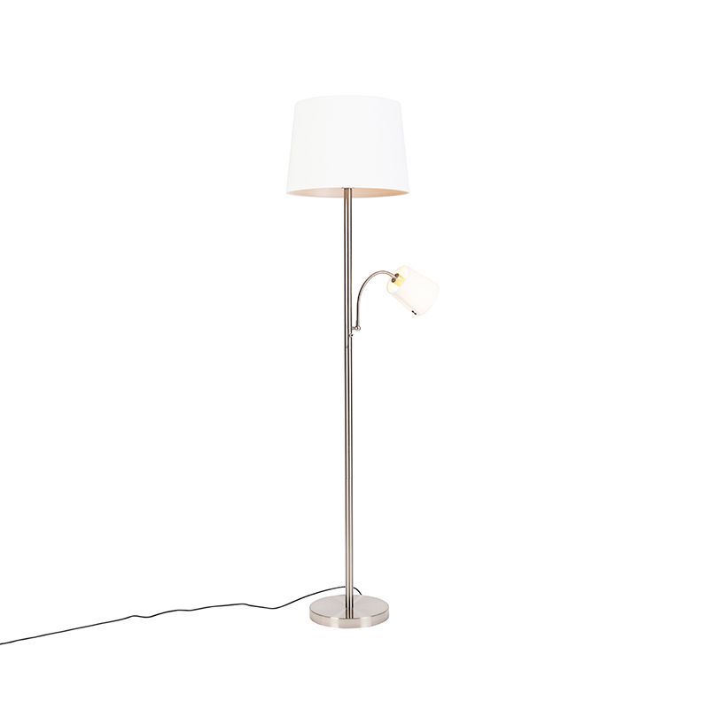 Klassieke vloerlamp staal met witte kap en leeslampje - Retro