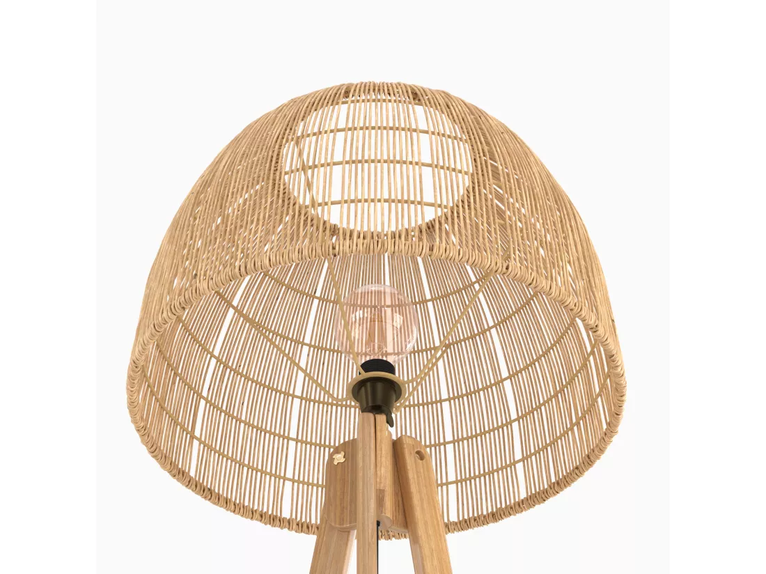 Lampadaire trépied en rotin et bois de teck massif - Corte