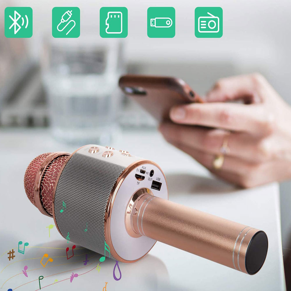 Karaoke Mikrofon mit Bluetooth / AUX / TF-Karte und integriertem Lautsprecher (iOS/Android) - Schwarz