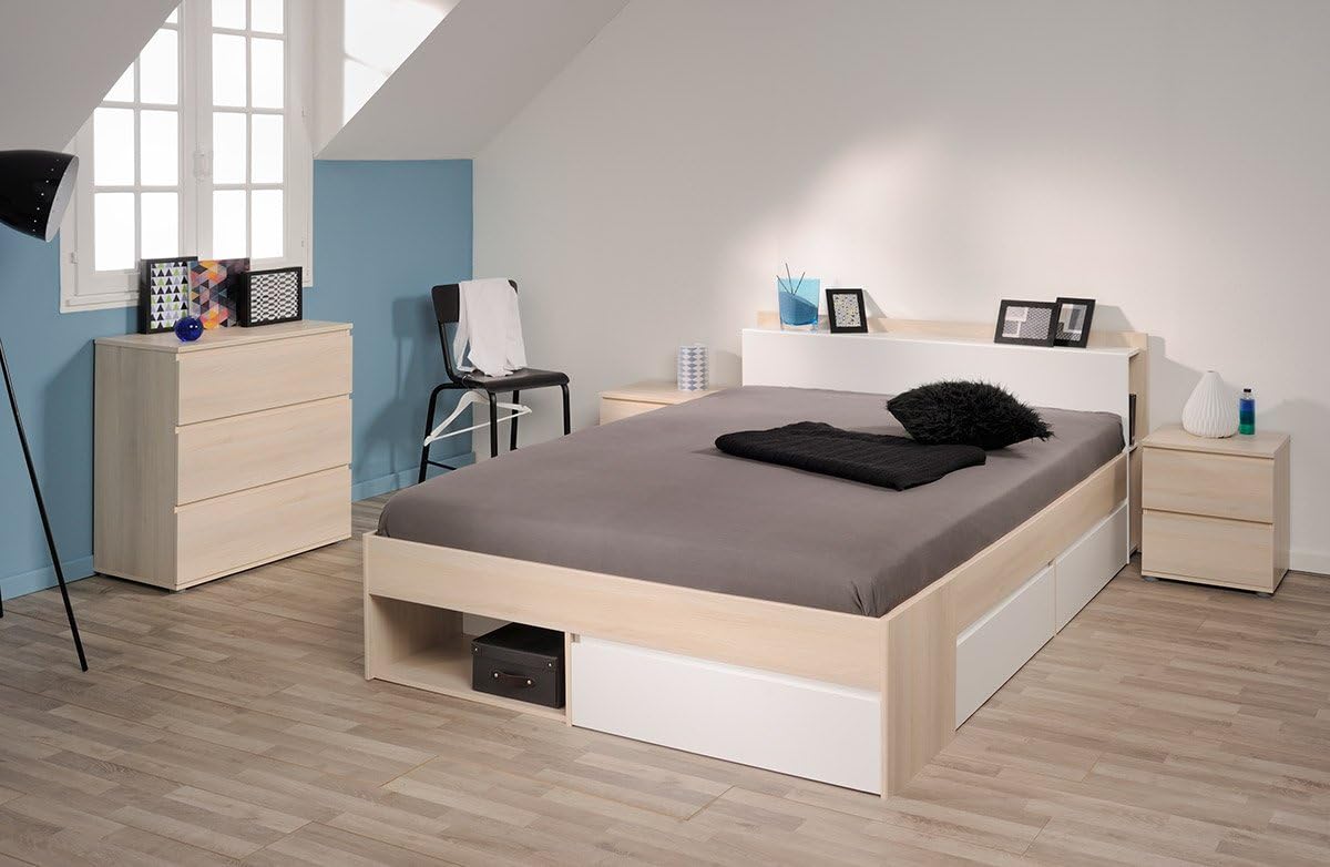 Parisot 1530L240 Bett Cuba, Spanplatten, Weiß/Akazie hell, 150 x 220 x 79,5 cm
