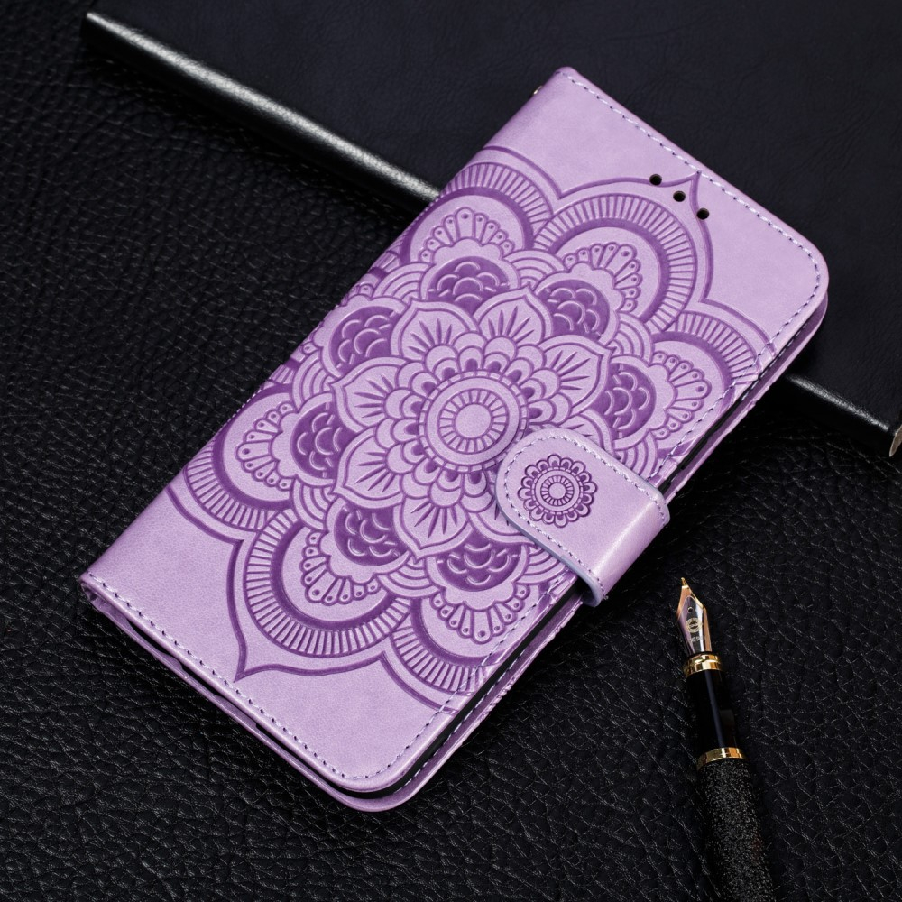 iPhone SE (2022/2020) / 8 / 7 Leder Tasche Wallet - Mandala Flowers Imprint in Lila