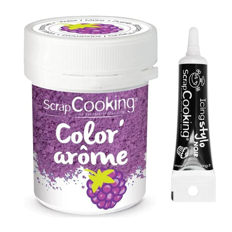 Colorant alimentaire violet arôme mûre 10 g + Stylo glaçage noir Scrap