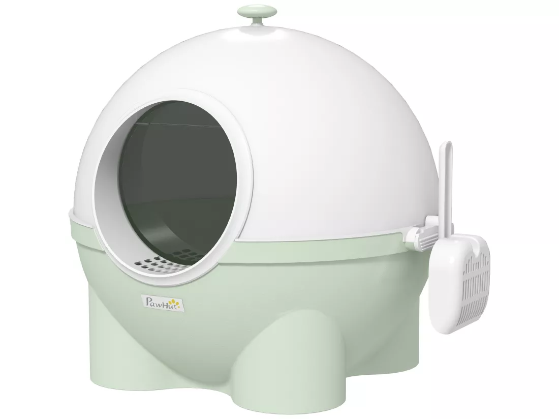 Maison de toilette pour chat design boule - porte battante, couvercle amovible, pelle - PP vert blanc